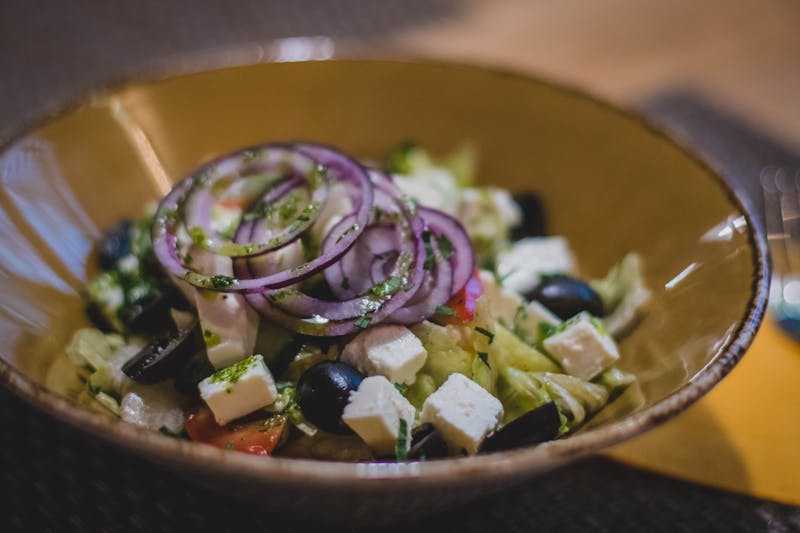 Greek salad with feta cheese olives and vegetables